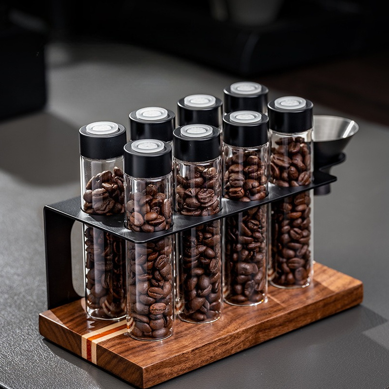 Kitchen Gadgets Organizer - JUSTINLAU Glazen koffiebonenopslagpotten Luchtdichte 1-wegklep Houten