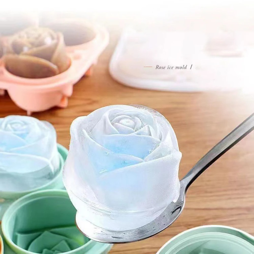 Kitchen Gadgets Best - 3D roosvormige siliconen ijsvormpjes, 4-gaats ijsblokjesbak,